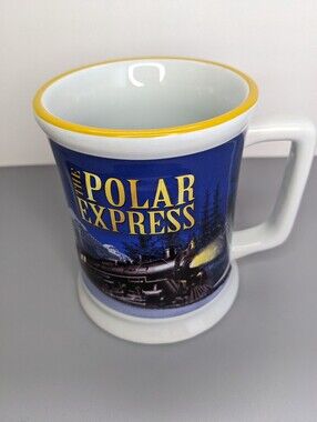 Polar Express Raised Relief Ceramic Mug 2018 Warner Bros Blue Train Holiday